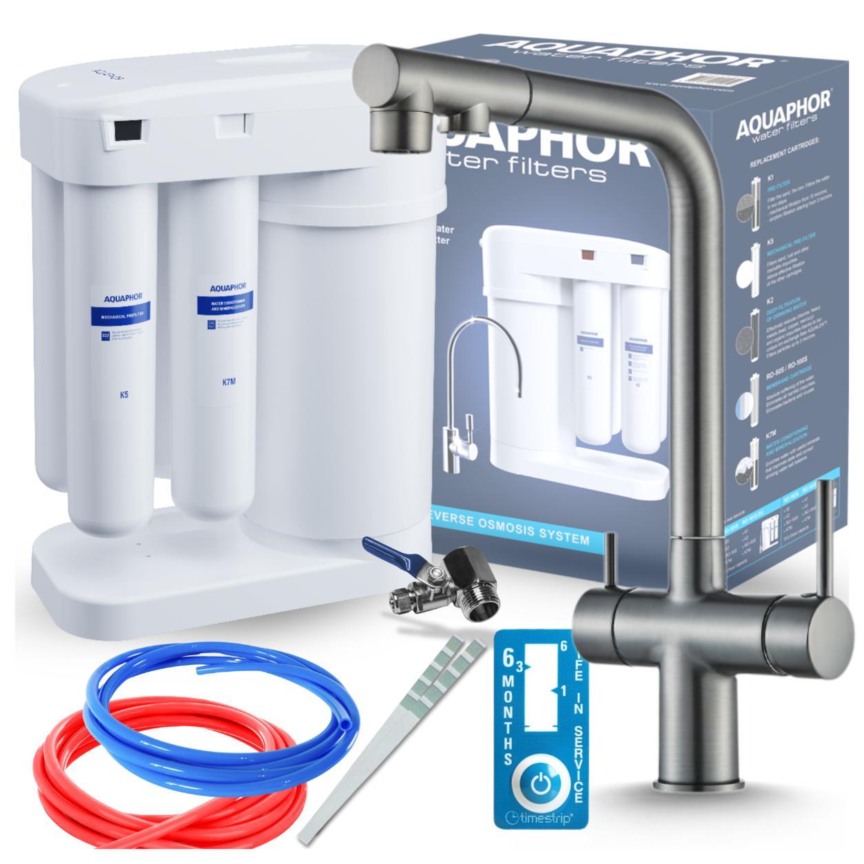 Ari 3-Wege-Küchenarmatur Venom, Graphit, Ausziehbare Spültischarmatur Im Set Mit Aquaphor Morion 101S Ro Wasserfiltersystem