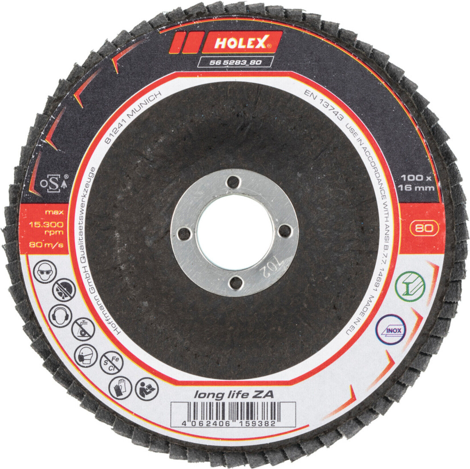 HOLEX Fächerschleifscheibe long life, ZA, schräg, 100 mm Durchmesser, Körnung: 80 (565283 80)
