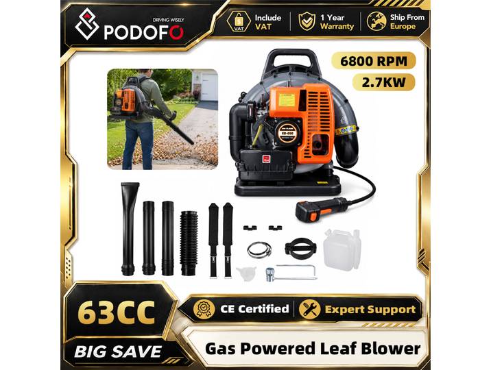 Souffleur à dos thermique Podofo 63CC 2 temps, 6800 tr/min, outil de nettoyage de jardin électrique, grand réservoir de 1,8 L pour l'entretien des pelouses, le déneigement et le nettoyage des débris