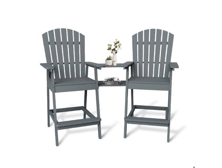 Lot de 2 fauteuils de jardin Adirondack avec Table centrale intégrée dossier haut chaises bar pour extérieur terrasse balcon gris
