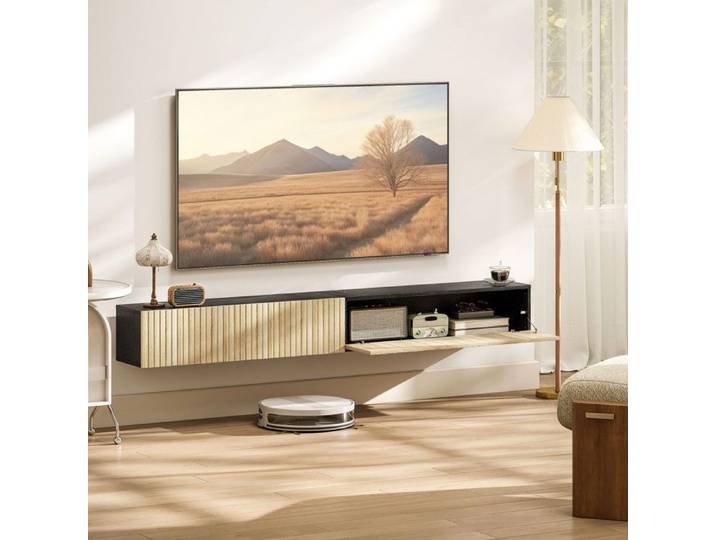 Meuble TV mural - PAGE LIVING - Meuble TV suspendu 140 cm - Bois naturel et noir - 2 portes rabattables - Passage câbles intégré
