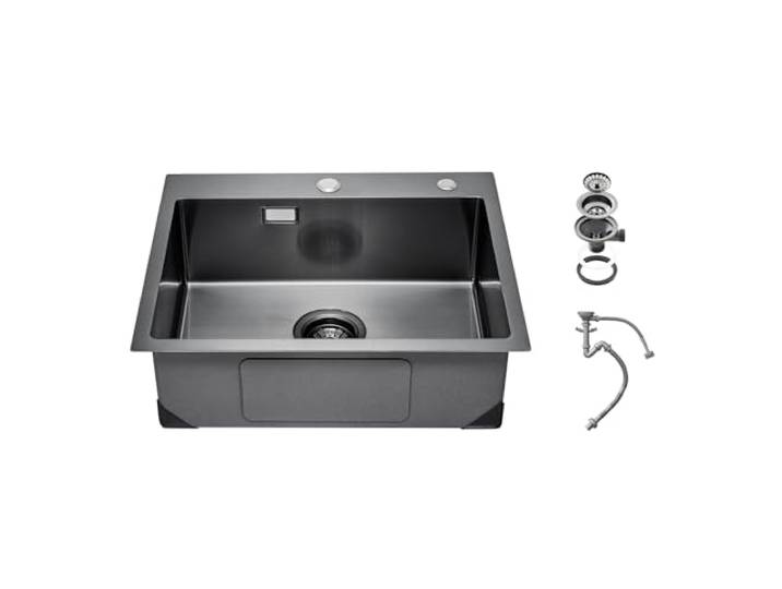 VEVOR Évier de cuisine avec montage supérieur en acier inoxydable 304\, avec accessoires\, pour camping-car\, cuisine de préparation et barre\, noir\, 550 x 450 x 190 mm
