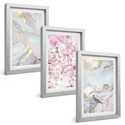 BILDER SET 3er Set - 20x30 cm Silberner Rahmen - Rosa Blumen Marmor Pastell