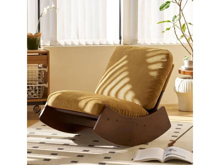 XINGNING Schaukelstuhl mit Massivholzgestell, Gepolsterter Gleiter für Schlafzimmer, Wohnzimmer, Kinderzimmer und Leseecke (Yellow + Fabric + Wood)