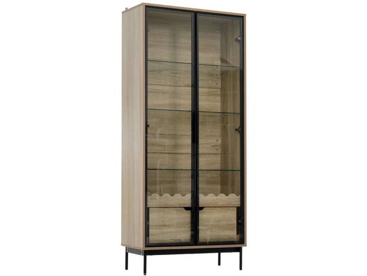 Vitrine haute avec porte vitrée étagères réglables tiroir décor ondulé pieds métal noir et naturel