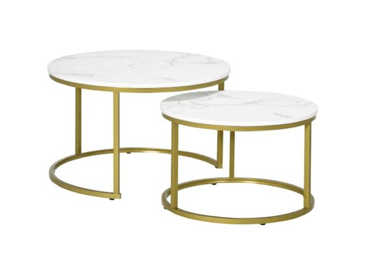 HOMCOM 2er-Set Couchtisch Runder Beistelltisch Stahlgestell in Gold Weiß