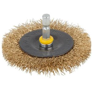 Wolfcraft Drahtbürste 2110000, Scheibenbürste Ø 75mm, für Bohrmaschine, 6kant-Schaft, gewellten Borsten aus Messing
