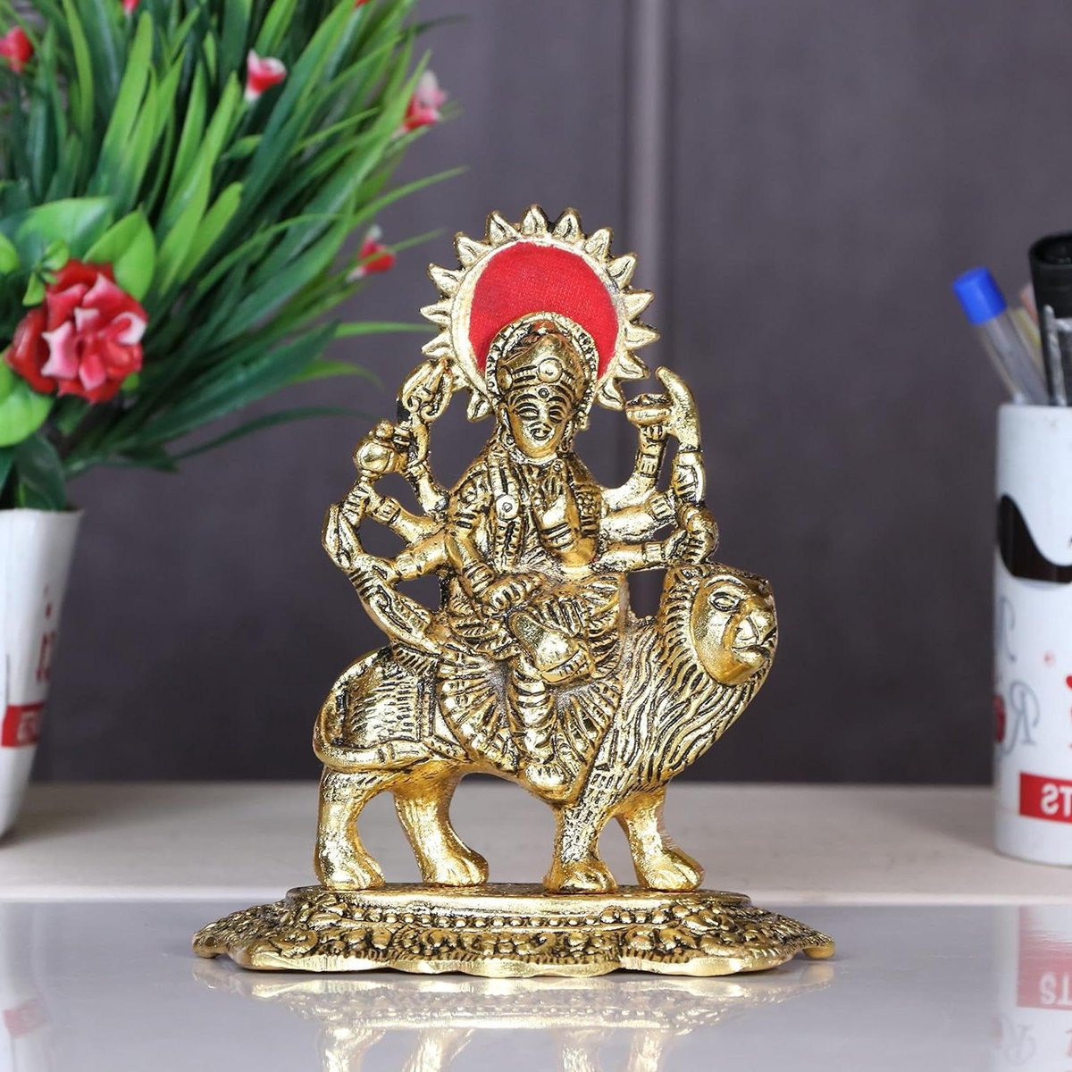Durga Maa Standbeeld Shero Vali Maa Pooja Decoratie Goud Metaal