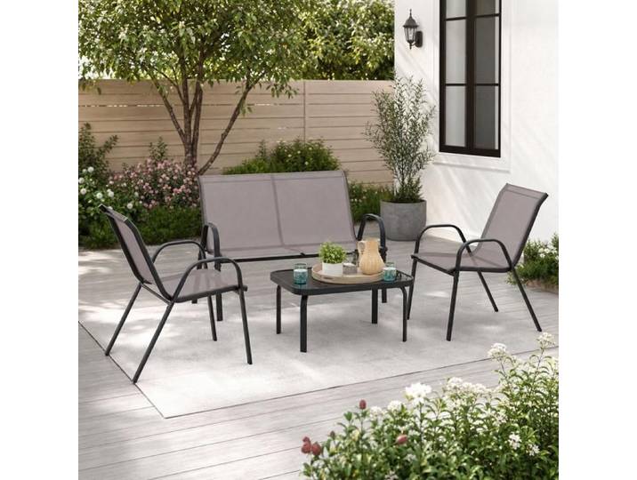 Set conversation extérieur - PAGE Living - 4 pièces table verre trempé gris
