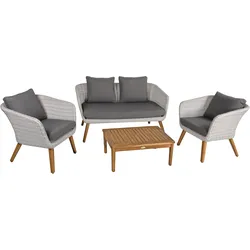 Garden Pleasure Loungeset ARONA, Polyrattan Lichtgrau / Akazie / Kissen 100 % Polyester Dunkelgrau