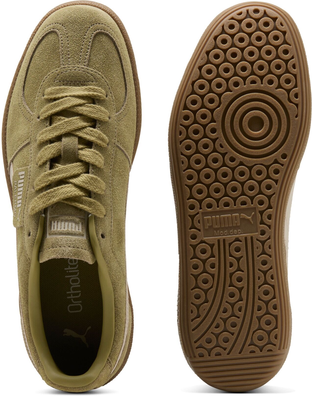 Sneaker PUMA "PALERMO", Damen, Gr. 37,5, Synthetik, grün (chai latte, silber fog), Leder, unifarben, Schuhe Sneaker, für Alltag, aus Leder, mit Schnürverschluss chai latte, silber fog 37,5, Synthetik