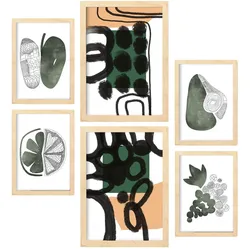 POSTER Set Mit 6 Balmy Greens In Blume Zusammenfassung A3 & A4 Rahmen Aus Hellem Holz