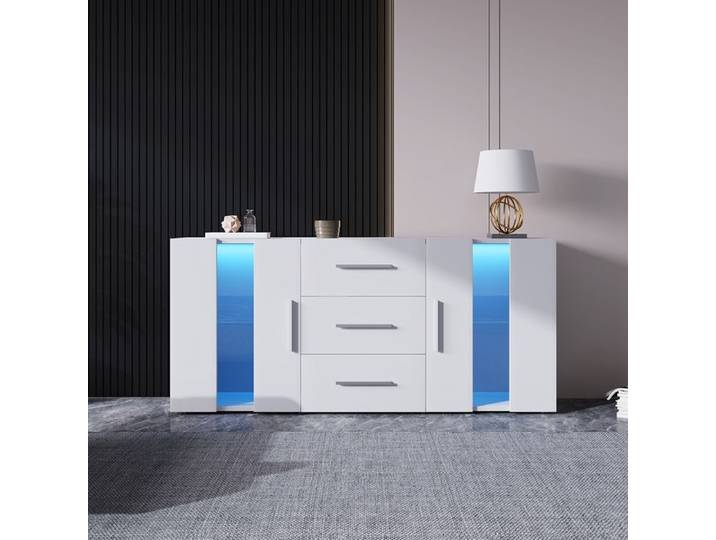 Buffet Commode Meuble de rangement Armoire Unité de rangement avec 16 couleurs de lampes LED Blanc