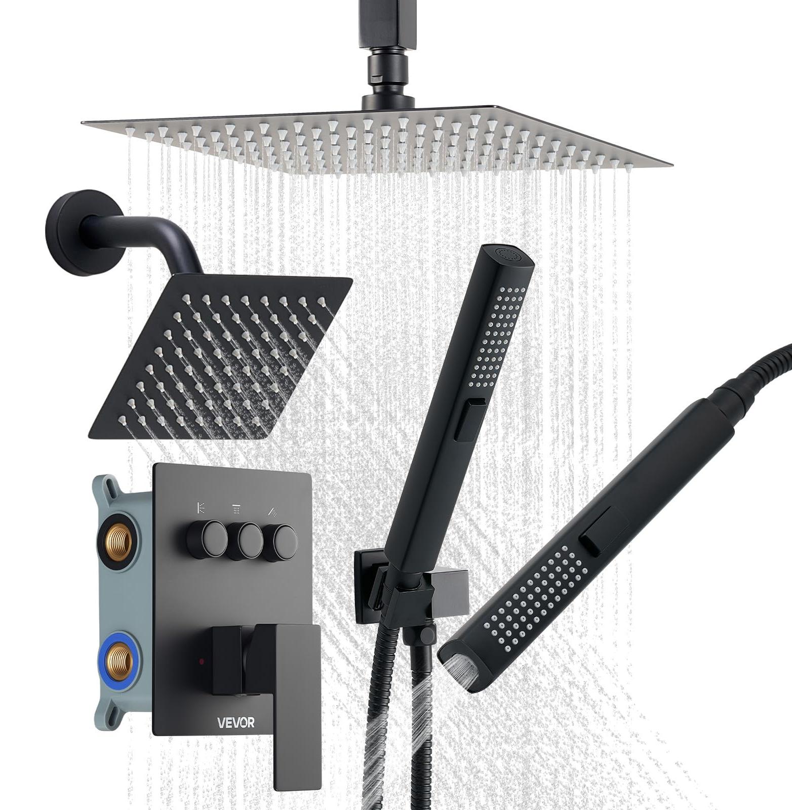 Duschsystem 3-Funktion, 25,5 cm Regenbrause, 6-Wandkopf, Handbrause, Mattschwarz
