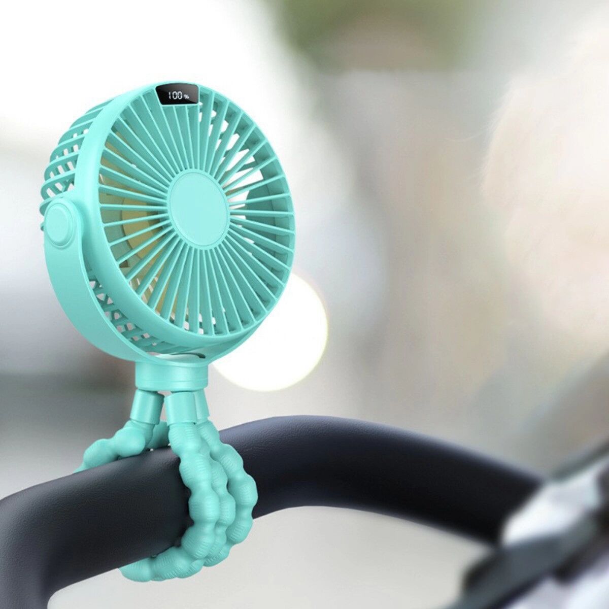 INF Octopus Kinderwagen-Ventilator 4000mAh - Flexibler Clip-On tragbarer Ventilator mit USB-C, abnehmbarem waschbarem Cyan
