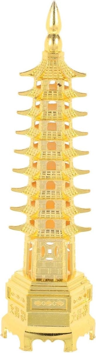 Gouden Pagode Toren Sculptuur - Elegant Bureau Beeldje - 18 x 5 x 5 cm