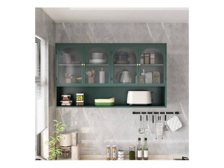 Fine Life Pro Hängeschrank 120CM Wandhängender Glas-Schrank, Grau, Dunkelgrün Mit vier Türen, für Küche, Wohnzimmer & Badezimmer