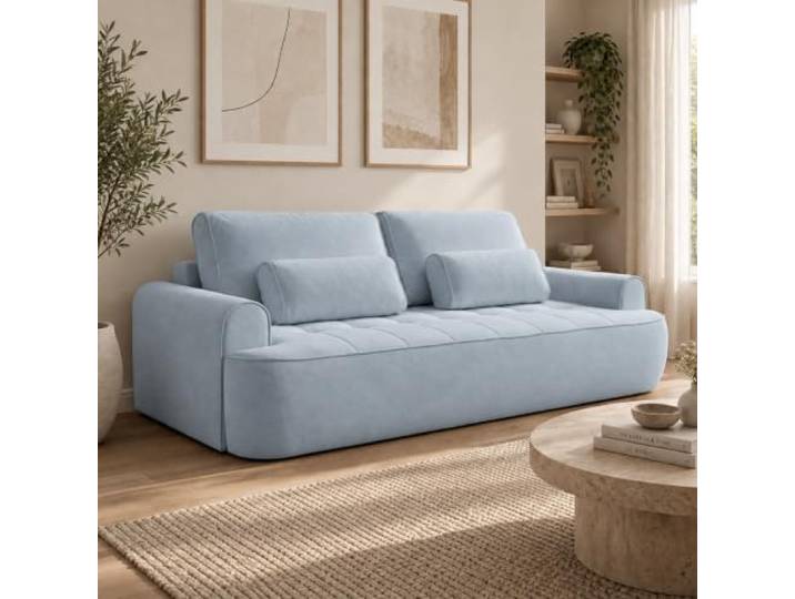 Home Collective Schlafsofa mit Bettkasten 250 cm Hellblau Gästebett, Ausziehcouch, Veloursstoff, Easy-Clean, quadratische Steppung, inklusive Zierkissen, Wohnzimmer Möbel