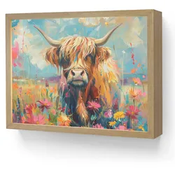 WANDLEUCHTE MIT AKKU Schottische Hochländer - Natur - Farbenfroh - Blumen LED 40x30 cm Wandlampe