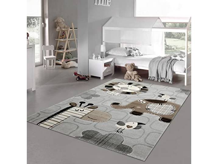 Kinderzimmer Teppich Spielteppich Zootiere Löwe Elefant Vögel Giraffe grau braun Creme, Größe 160x230 cm