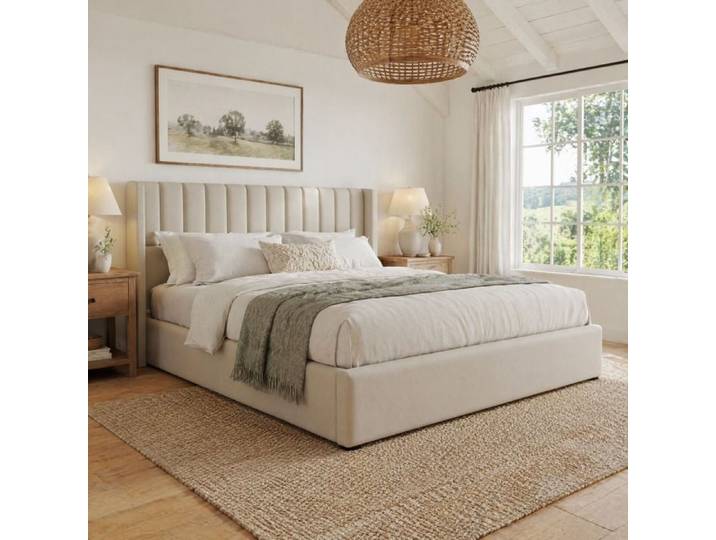 ULEVR Lit coffre relevable hydraulique 140 x 200 cm sommier à lattes en bois lin beige