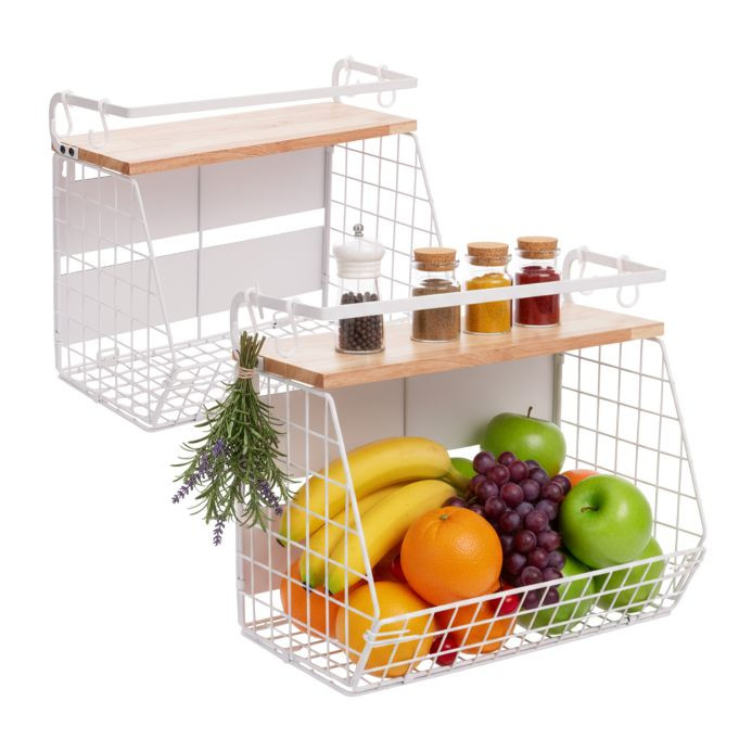 Relaxdays Magnetisch Fruitmand Wandrek 2-set, Wit, Modern
