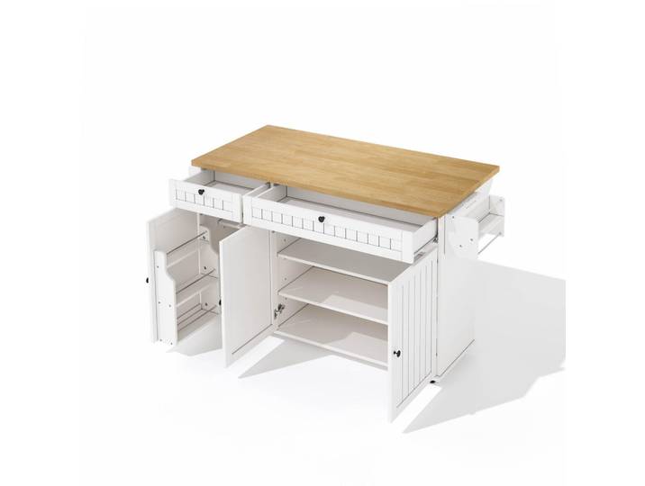 Oxeza Kücheninsel mit Rollen Weiß mit Klappplatte, 2 Schubladen, Schrank und Türregal, Holz, teilmassiv,teilmassiv, Mode, Küche mit Insel,Rechteckig, 137x89.5x70 cm, Küchen, Küchenmöbel, Kücheninseln