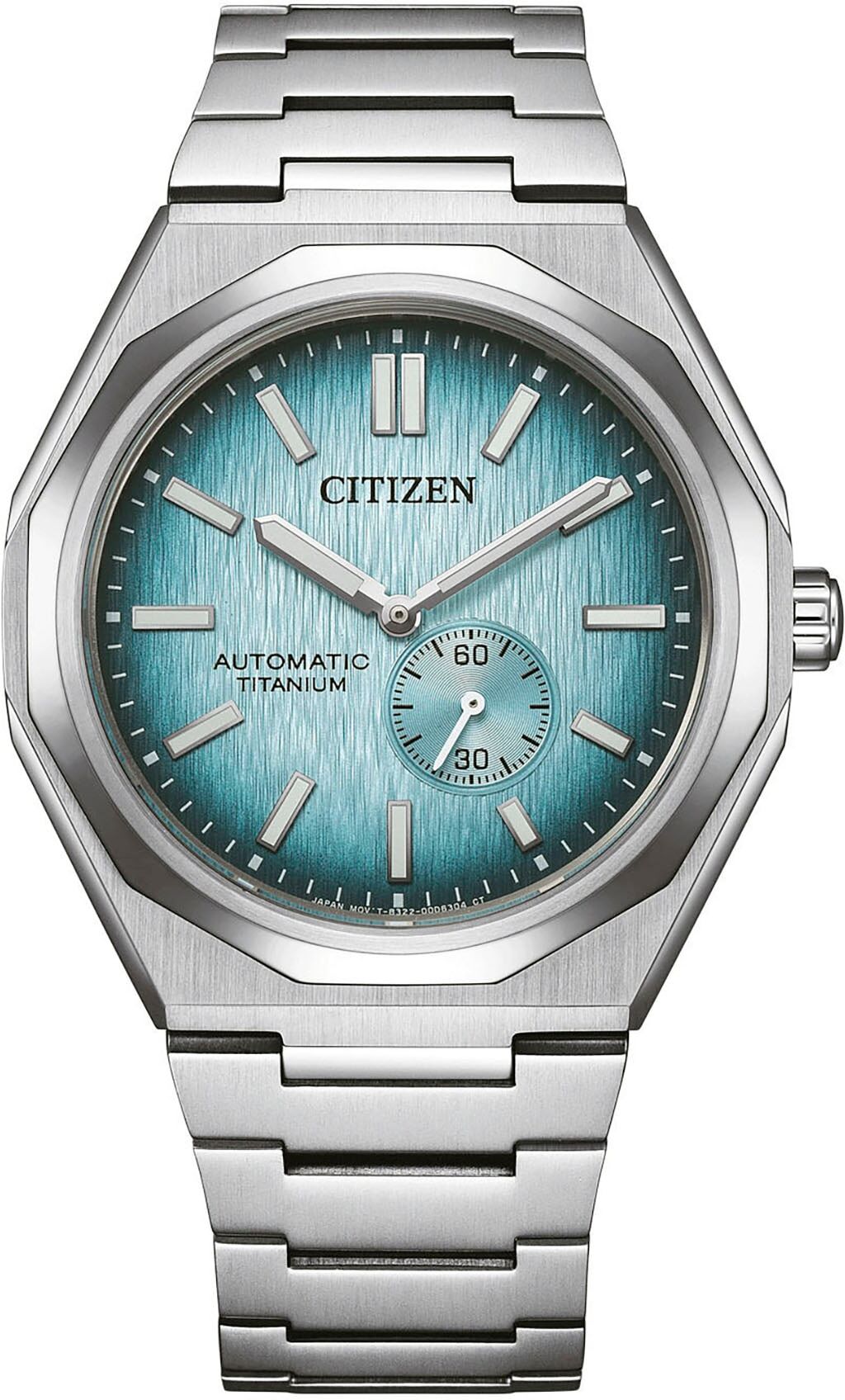 Automatikuhr CITIZEN "Super Titanium Zenshin 60", silber (titansilberfarben, hellblau), Armbanduhren, Herren, Automatikuhr, Armbanduhr, Herren, Mechanische Uhr, Titan, analog, dezentrale Sekunde