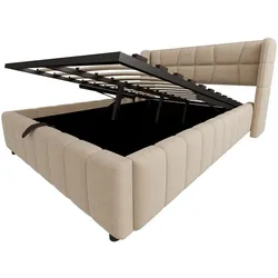 MODFU Polsterbett mit Stauraum, Stoff, Beige, 140x200 cm, Hebemechanismus, Metallrahmen