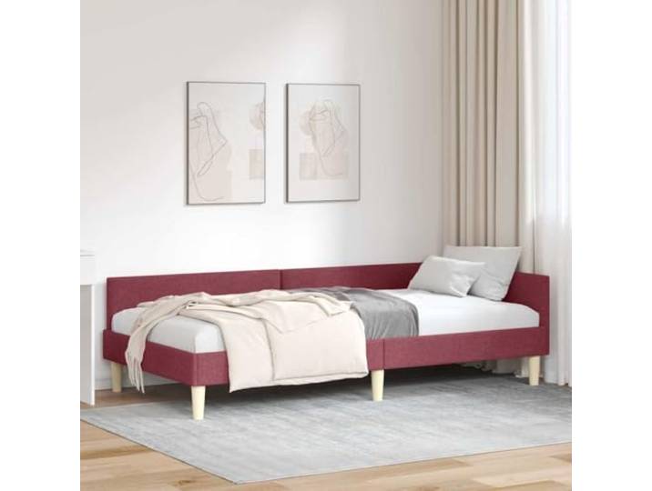 Stoff-Eckbettgestell Weinrot 90 x 190 cm L-Form, Wendbares Kopfteil, Sperrholz-Konstruktion, Multifunktional als Tagesbett