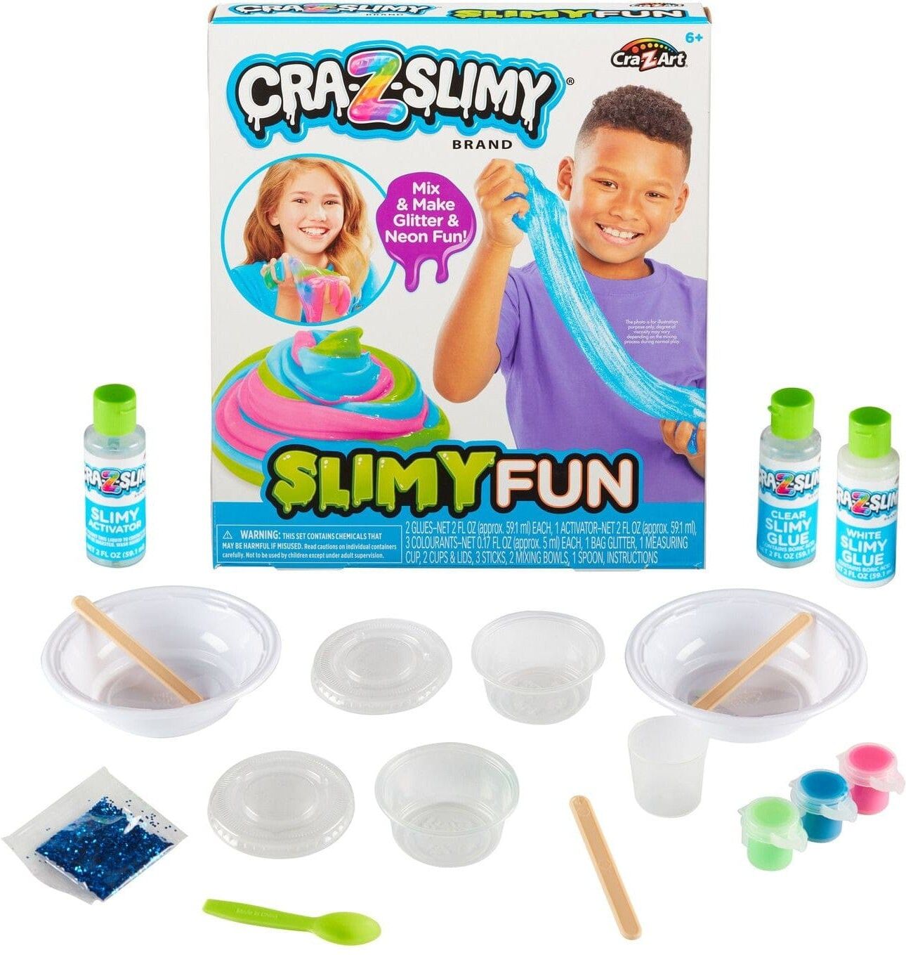Cra-Z-Slimy Slimy Fun Neon ; Glitter Slime Making Kit for Kids - Includes 2 Glues, 1 Activator, 3 Colourants, 1 Bag of Glitter - Character Options