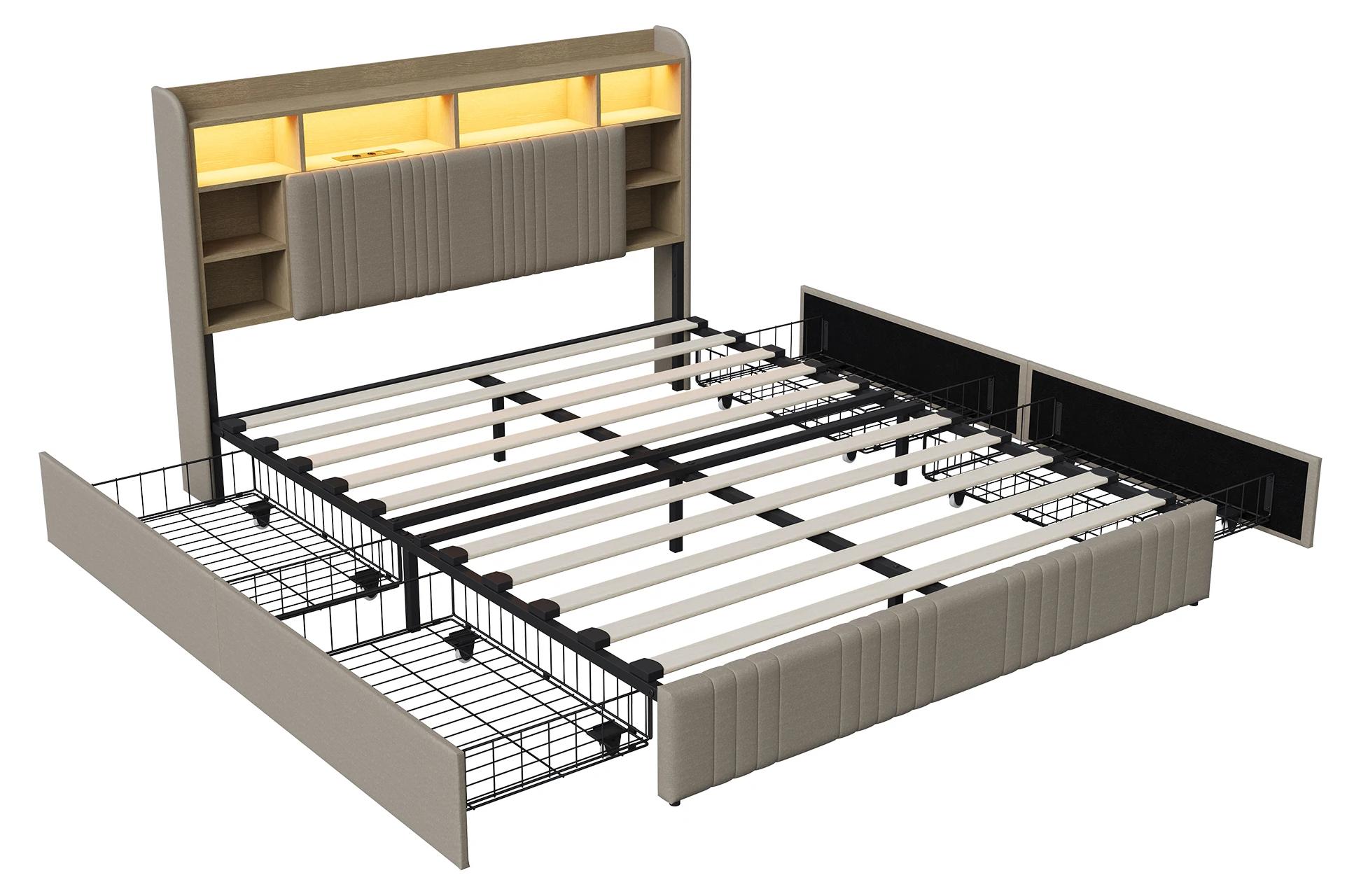Modernes Bettgestell - Gepolstertes Plattformbett - 2 Schubladen unter dem Bett - Holzrahmen - Hanfbezug - 140 x 200 cm - Beige