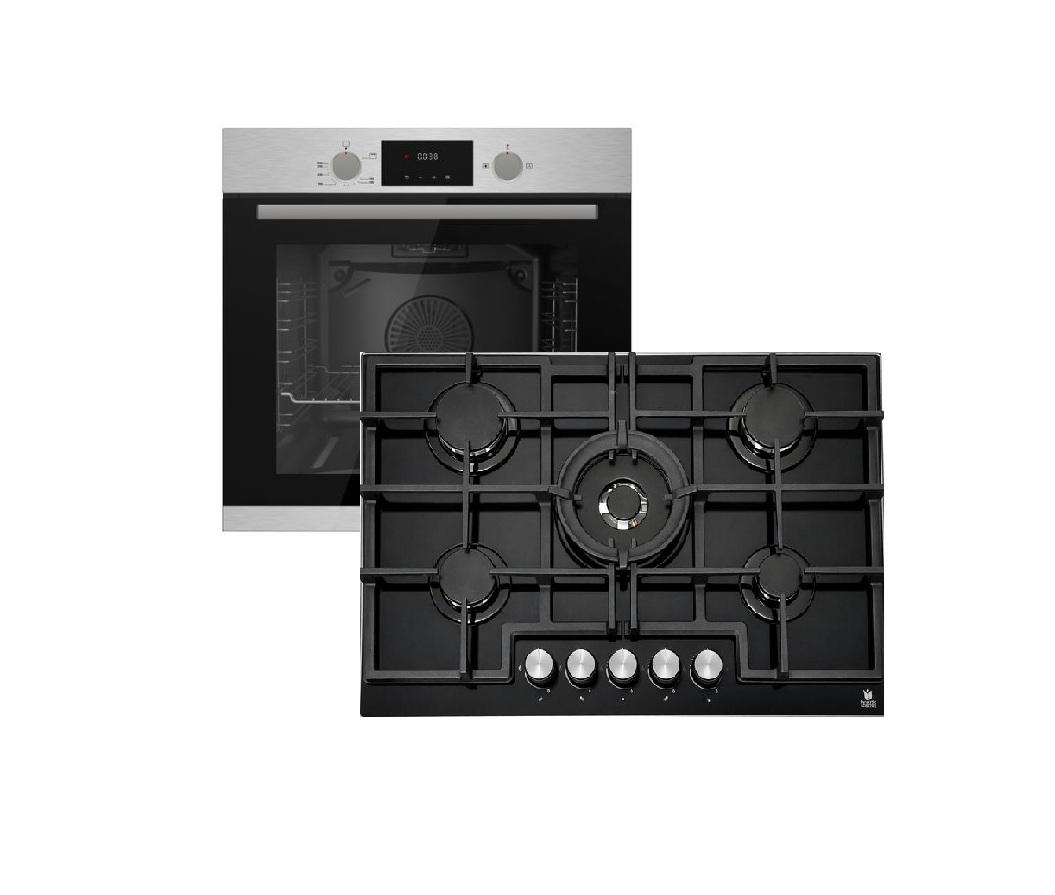 Gasline Gasherdset GB850-FIX Einbaubackofen mit Umluft + Gaskochfeld 75cm Schwarz Glaskeramik mit 5 Brennern WOK Brenner 4,20 kW