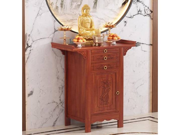 Opfertisch aus Massivholz mit Schubladen und Schrank, buddhistisch Detaillierte Lotus‑Schnitzereien, praktischer Stauraum sowie hochgezogene Tischränder für Statuen und Opfergaben