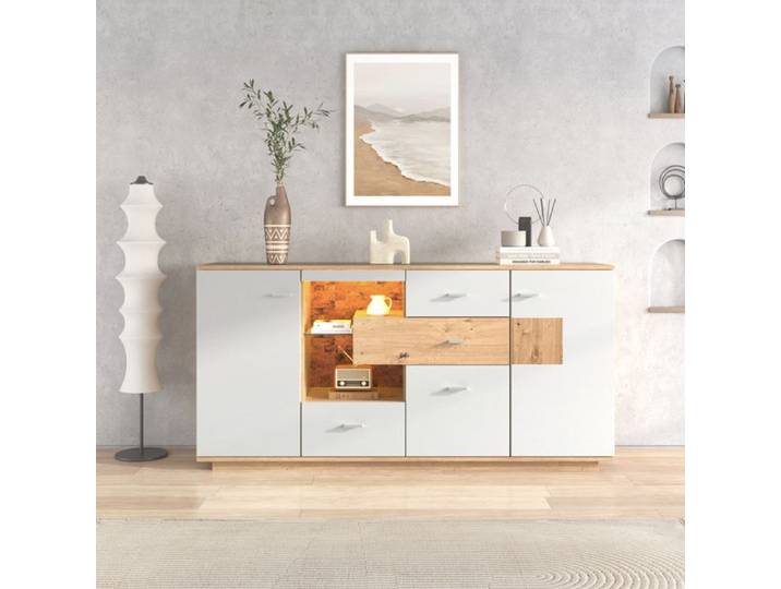 Buffet Bas- 160cm - LED RGB & 4 Tiroirs - Style scandinave Décor Chêne et Blanc