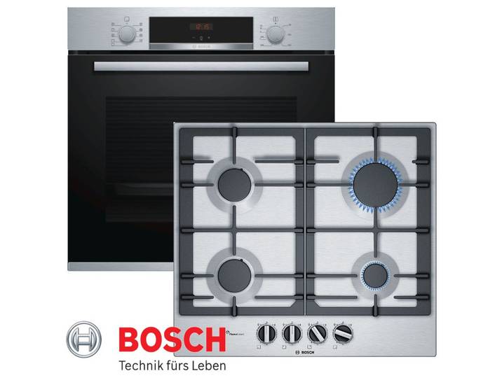 BOSCH Backofen-Set Gas Herdset Einbau Bosch Autark Backofen + GAS Kochfeld Edelstahl, mit 1-fach-Teleskopauszug