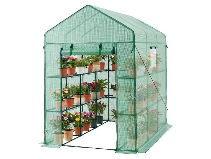 Serre VEVOR 137 x 206 x 196 cm\, serre en film plastique\, serre à tomates\, serre à tomates avec fenêtres\, revêtement en PE\, 2 niveaux\, 14 étagères\, porte à fermeture éclair enroulable\, serre de jardin