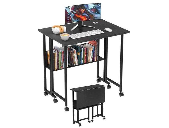 Bureau Pliable PIPIPOXER - Noir - Petit Espace - Rangement - Roulettes