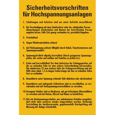 Aushang, Sicherheitsvorschriften für Hochspannungsanlagen - 200x300x1.5 mm Kunststoff