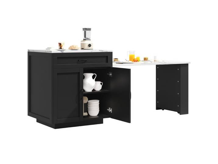 Table mange-debout extensible 98-204×70×93 5cm avec 2 tiroirs et 2 compartiments noire pour cuisine