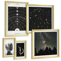 BILDER SET 5er Set - 50x50 cm & 20x30 cm & 40x60 cm Goldrahmen - Galaxie im Sonnensystem