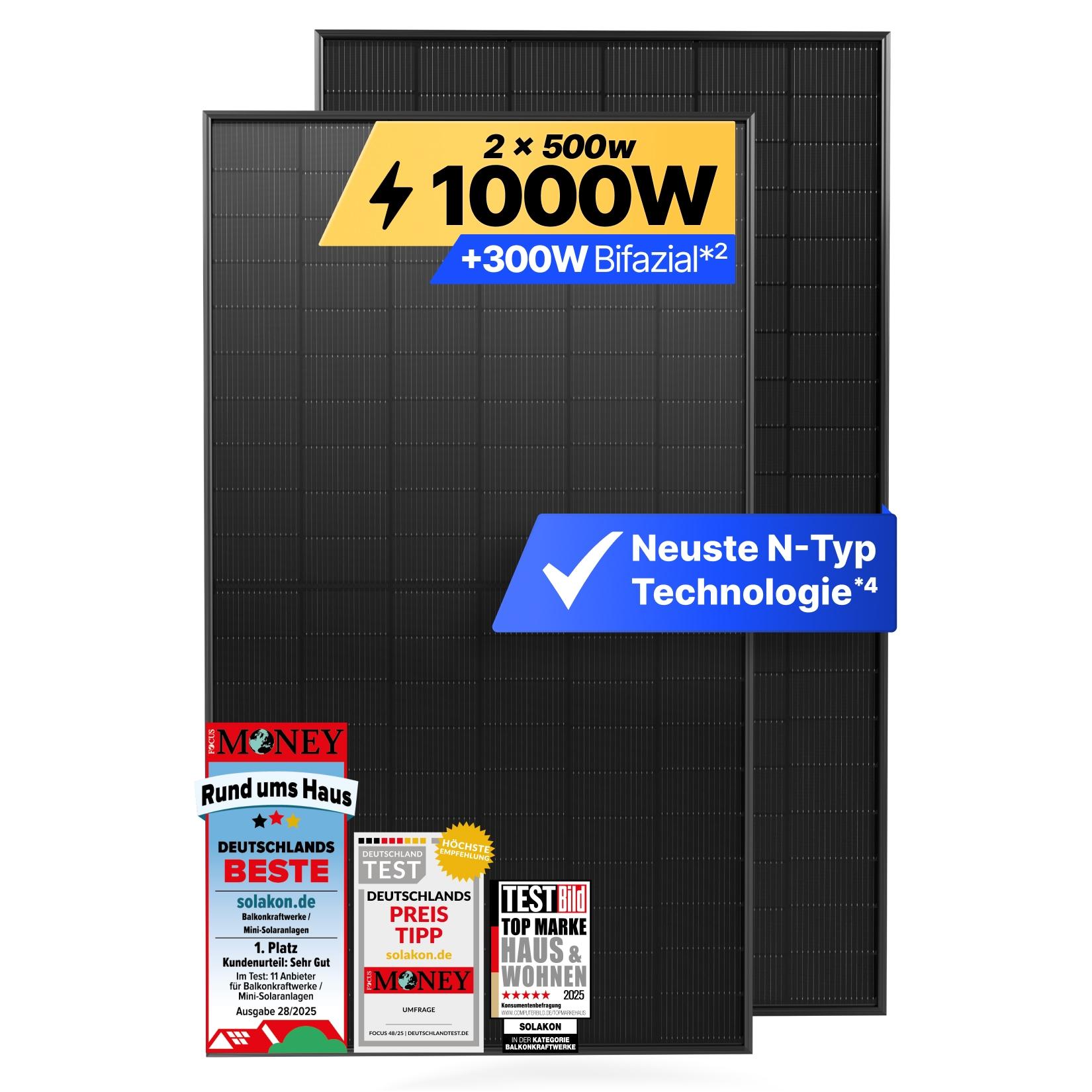 Solakon Solarmodul 500W, N-Type bifaziales monokristallines Glas-Glas Solarpanel, 40v Photovoltaik Solarmodule/Solar Module für Balkonkraftwerk/Solaranlage, Solar Panel für Photovoltaik Komplettanlage (2 Stk)