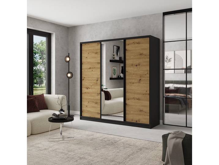 Masseno Schiebetürenschrank SORE 180/205/58cm 3-türig mit Spiegel Schwarz