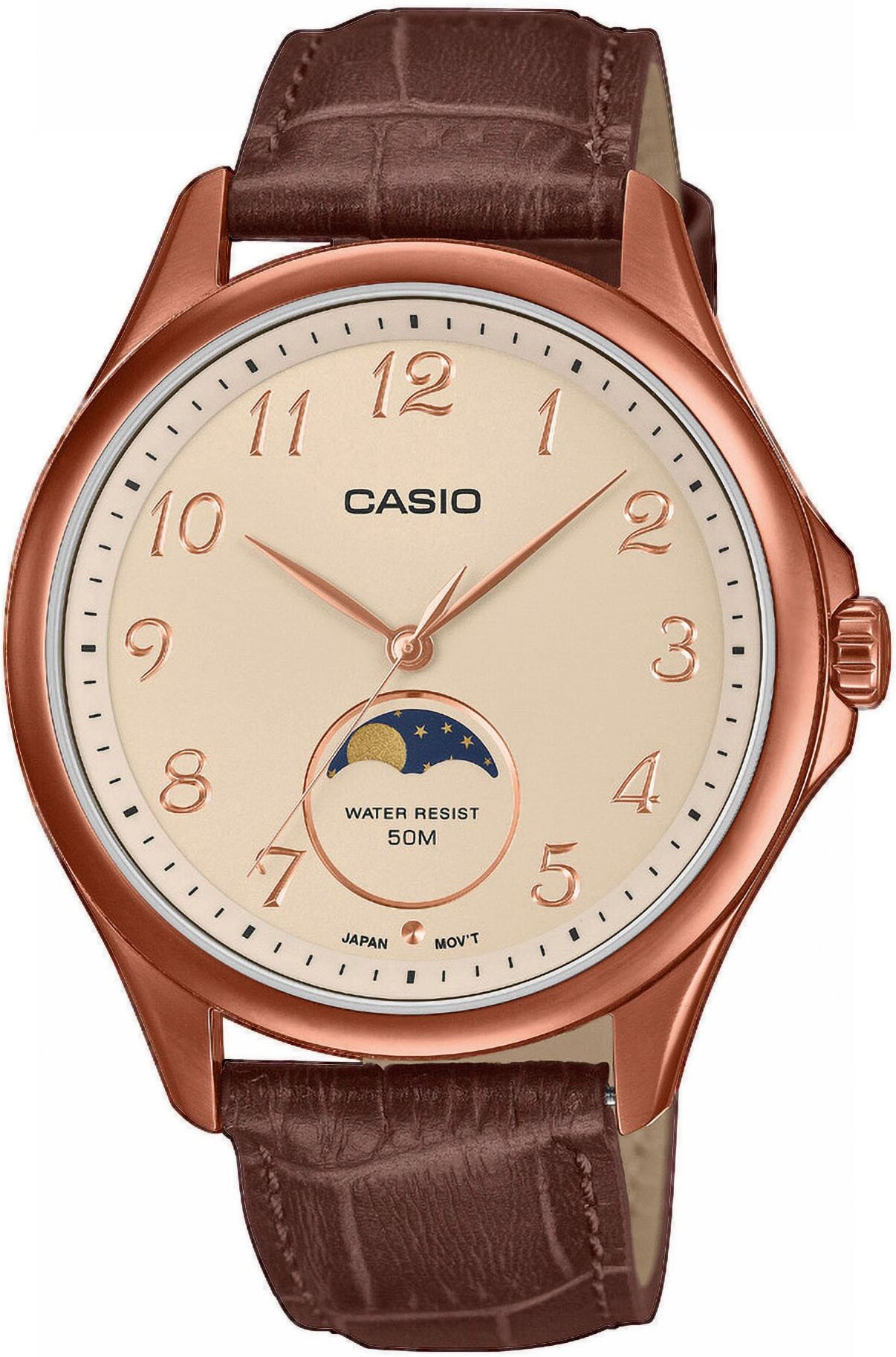 Quarzuhr, rosa (braun, creme), CASIO TIMELESS COLLECTION, Armbanduhren, Herren, roségoldfarben, Quarzuhr, Armbanduhr, Herrenuhr, Lederarmband, analog, Mondphase