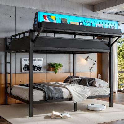 GREATPLANINC Heavy Duty Metal Bunk Bed with Storage Shelves Pegboard USB Ports LED Lights
