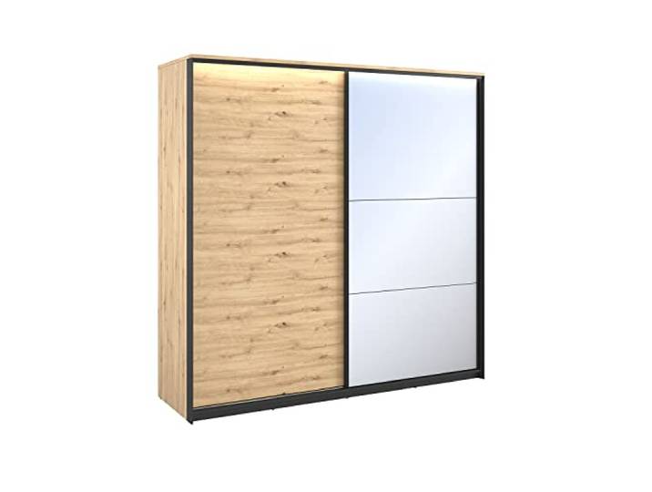 MEBLINI Kleiderschrank mit Spiegel, 2 Türen - Schwebetürenschrank mit Kleiderstangen - Schlafzimmerschrank mit Einlegeböden - Wardrobe Closet - Quant - 220 cm - Artisan Eiche/Schwarz + Spiegel