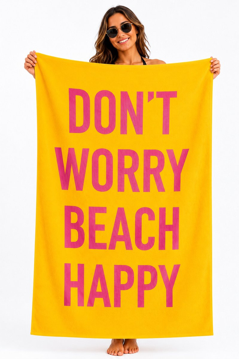 Cherrypie Strandlaken Don't Worry Beach Happy - Geel - Sneldrogend Microvezel - Breedte: 100 cm, Lengte: 200 cm