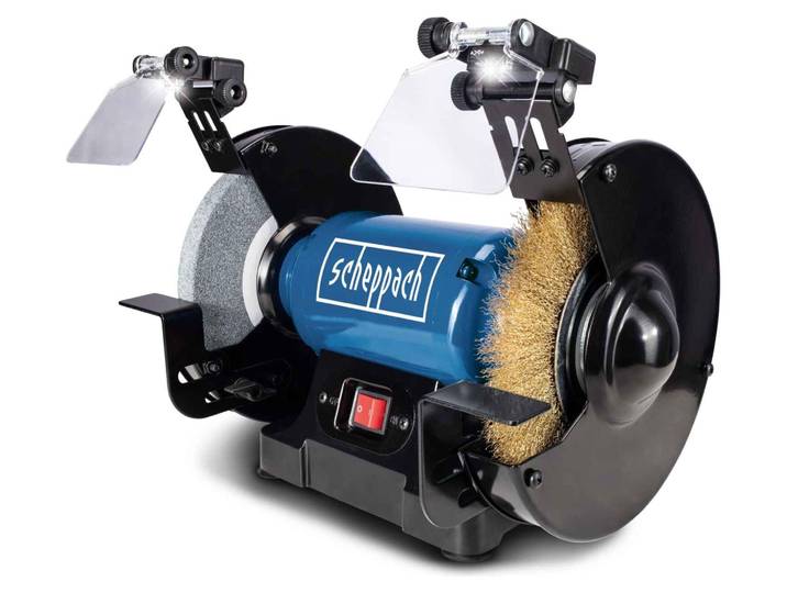Scheppach Meuleuse double SM200LB avec éclairage LED 230V 500 watts Pierre à aiguiser 200x20mm K36 Brosse métallique largeur 16mm