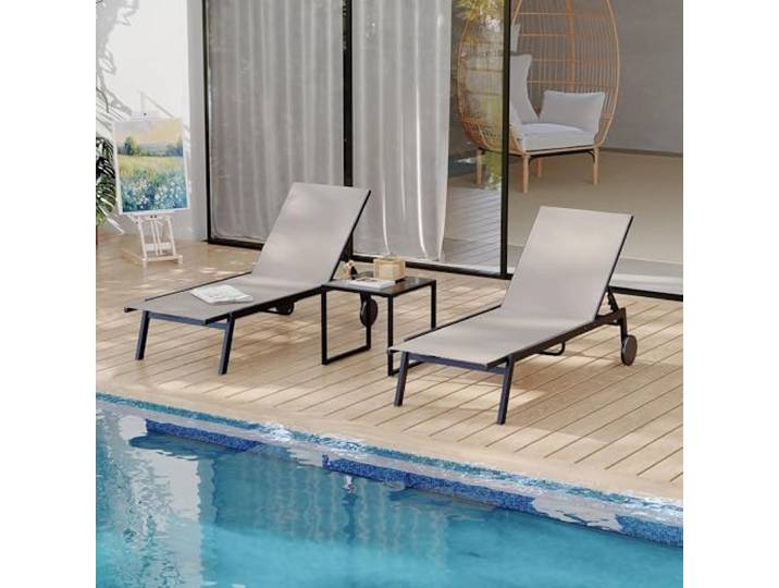 GarveeHome 3-Teiliges Terrassen-Lounge-Set Mit 2 Textilene-Liegen Und 1 Couchtisch, Loungesessel Mit Verstellbarer Rückenlehne Und Rollen, Für Poolbereich Und Terrasse
