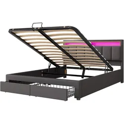 OKWISH Polsterbett Leinen Dunkelgrau 180x200 cm mit LED-Kopfteil, Lattenrost und Stauraum